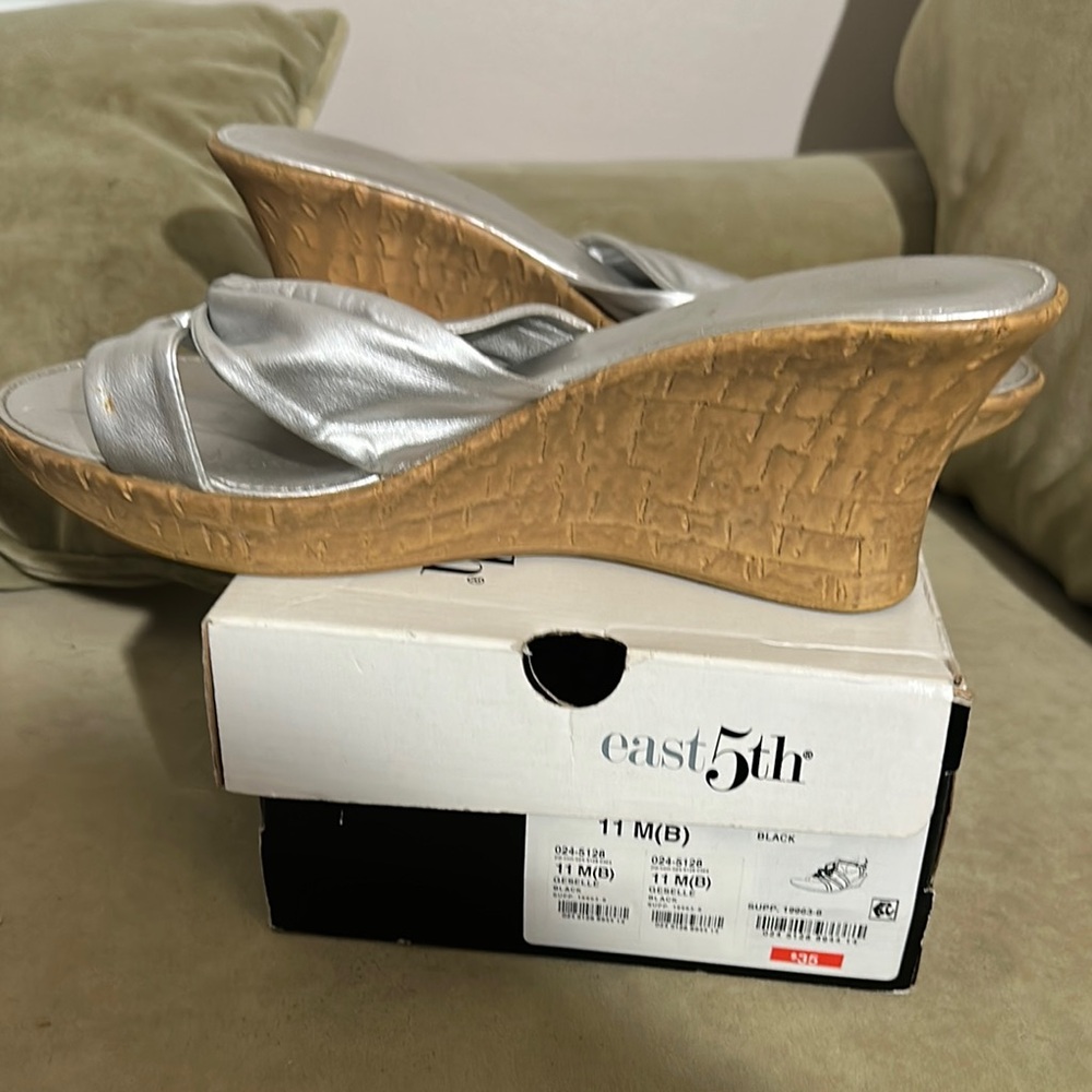 East 5th Silver Wedge Sandals with Cork Heel
